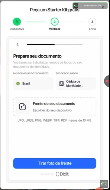 Tela pedindo a foto da frente do documento