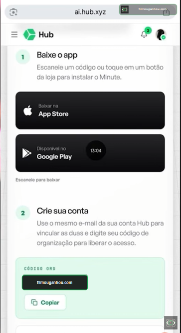 Tela com links das lojas e o código da organização