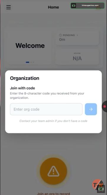 Janela para digitar o código da organização no app