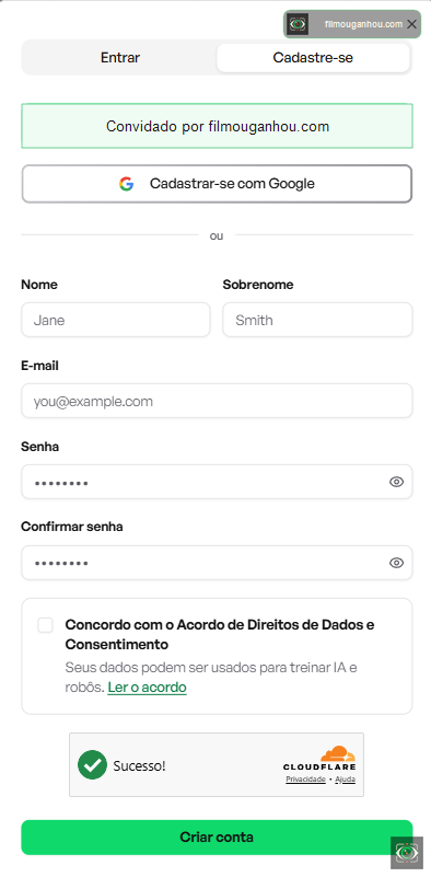 Formulário de cadastro com nome, sobrenome, e-mail e senha