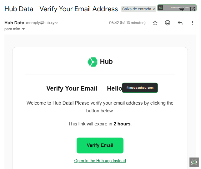 E-mail da Hub Data com o botão Verify Email
