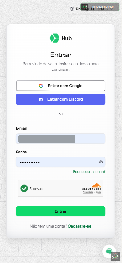 Tela de login da HUB com campos de e-mail e senha